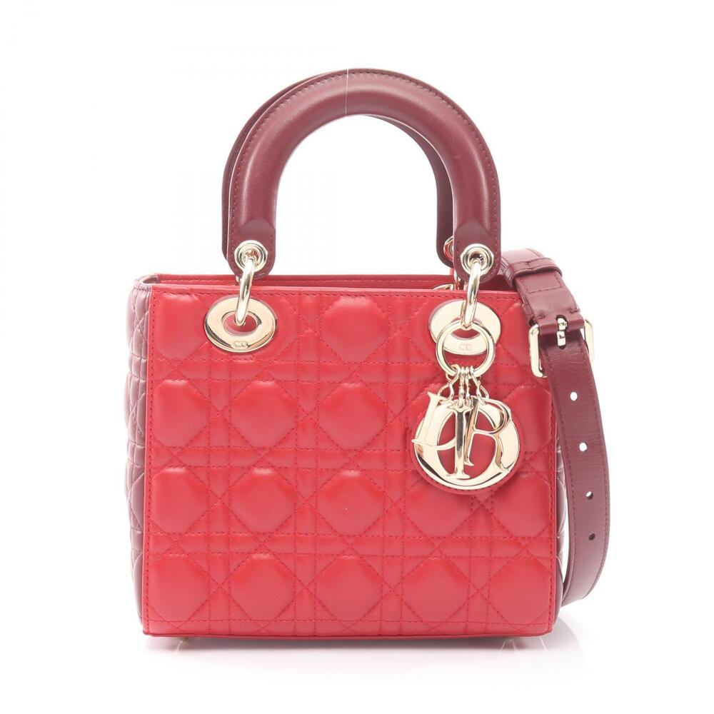 Christian Dior Lady Cannage Bicolor Handbag Leather Red Burgundy Red